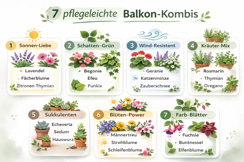 sieben pflegeleichten Pflanzenkombinationen für Balkonstandorte (Sonne, Schatten, Wind).