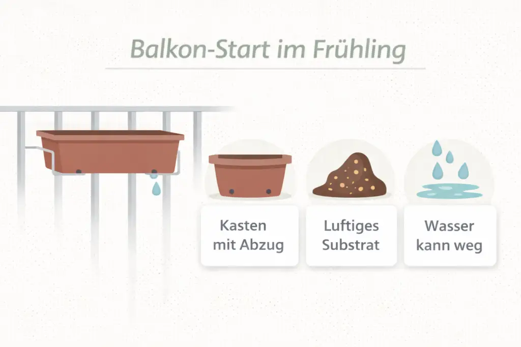 Balkonkasten richtig aufsetzen: Abzugslöcher, luftiges Substrat und sichere Drainage gegen Staunässe.