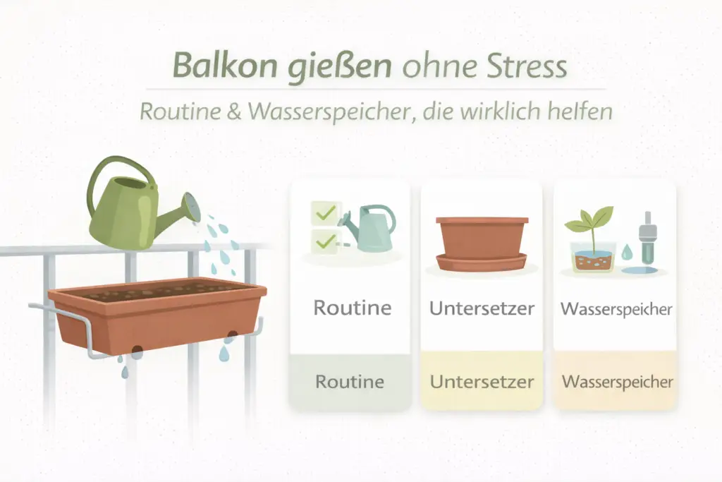 Infografik: Stressfrei Balkonpflanzen gießen mit Routine, Untersetzer-Nutzung und Wasserspeicher/Tropfbewässerung.