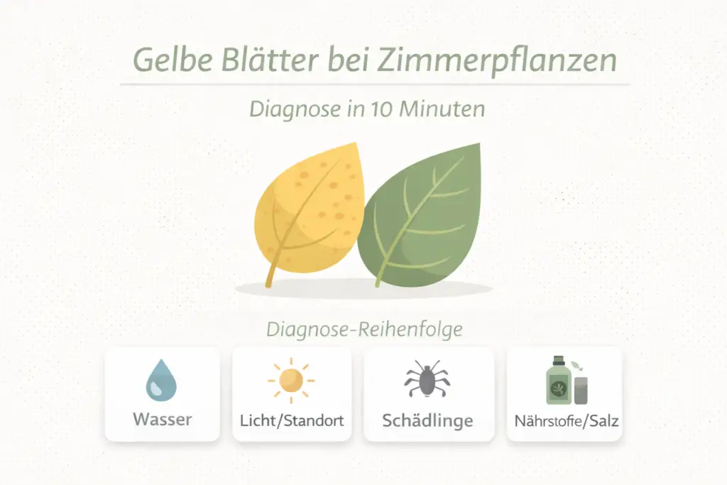 Infografik: Reihenfolge zur Diagnose gelber Blätter bei Zimmerpflanzen (Wasser, Licht, Schädlinge, Nährstoffe).