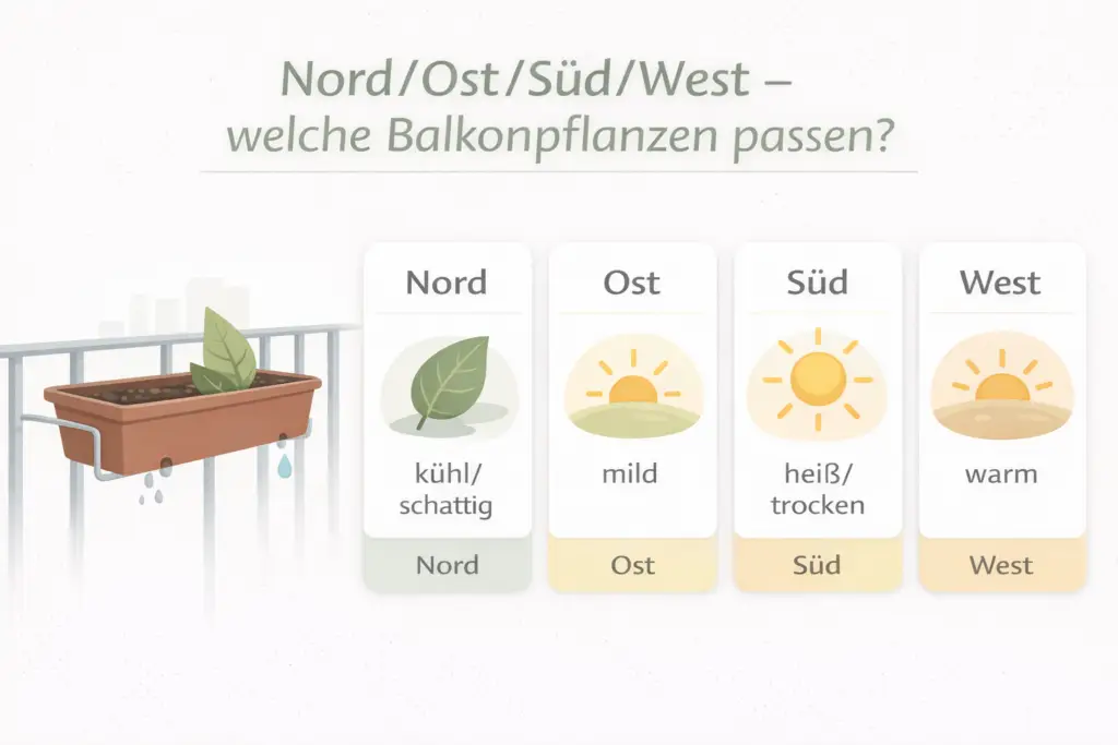 Infografik mit vier Balkon-Ausrichtungen (Nord, Ost, Süd, West) und ihren typischen Licht- und Wärmebedingungen.