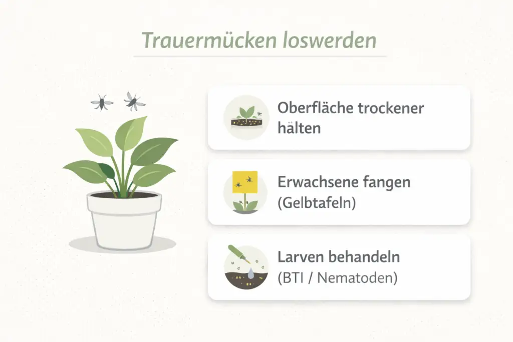 Infografik: Drei Schritte gegen Trauermücken – trockener halten, Gelbtafeln, Larvenbehandlung.