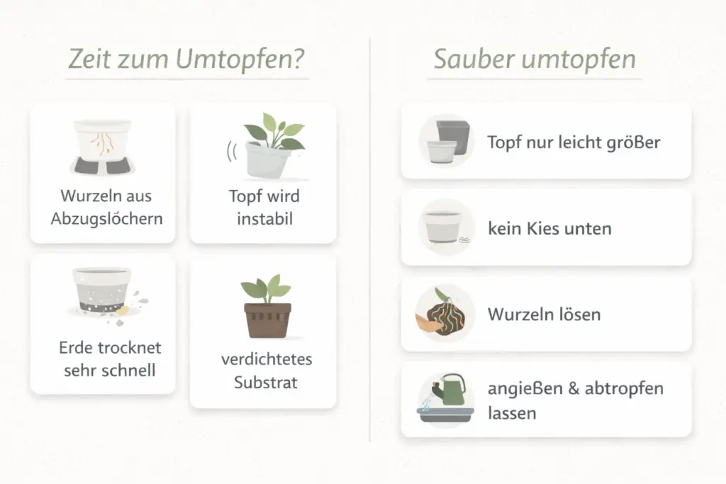 Infografik: Anzeichen fürs Umtopfen und die wichtigsten Schritte beim sauberen Umtopfen von Zimmerpflanzen.