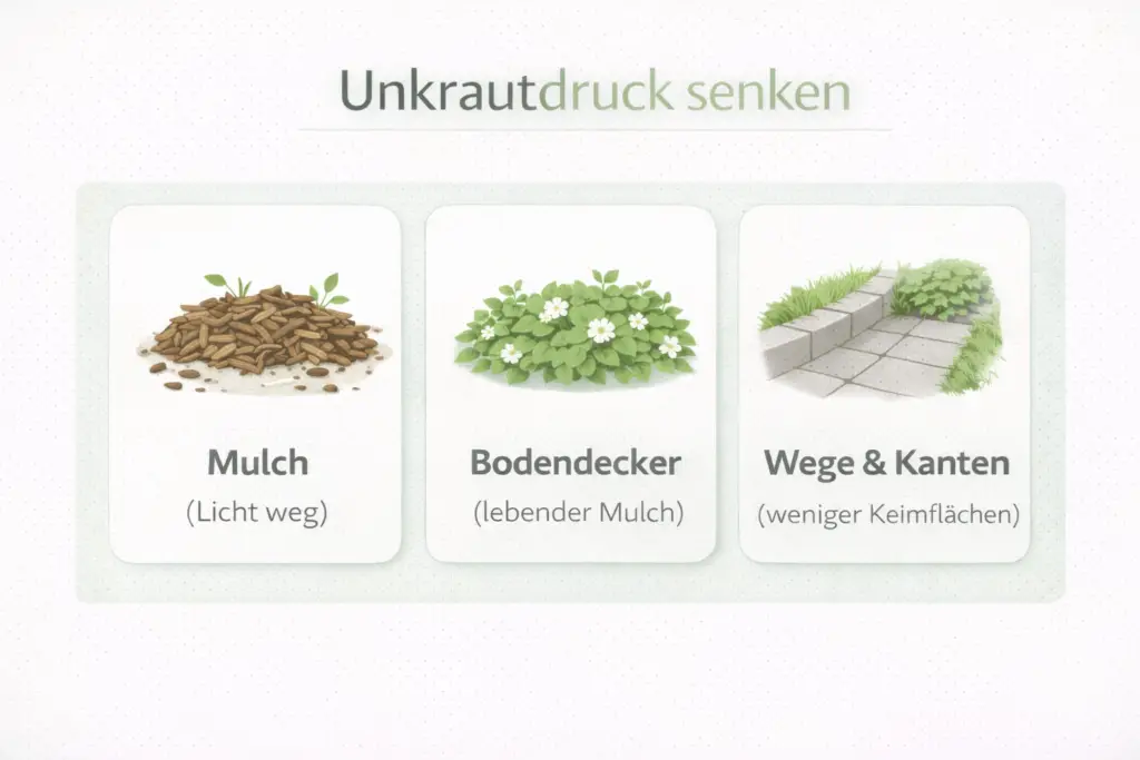 Unkraut reduzieren durch Mulch, Bodendecker und kluge Wegeplanung.