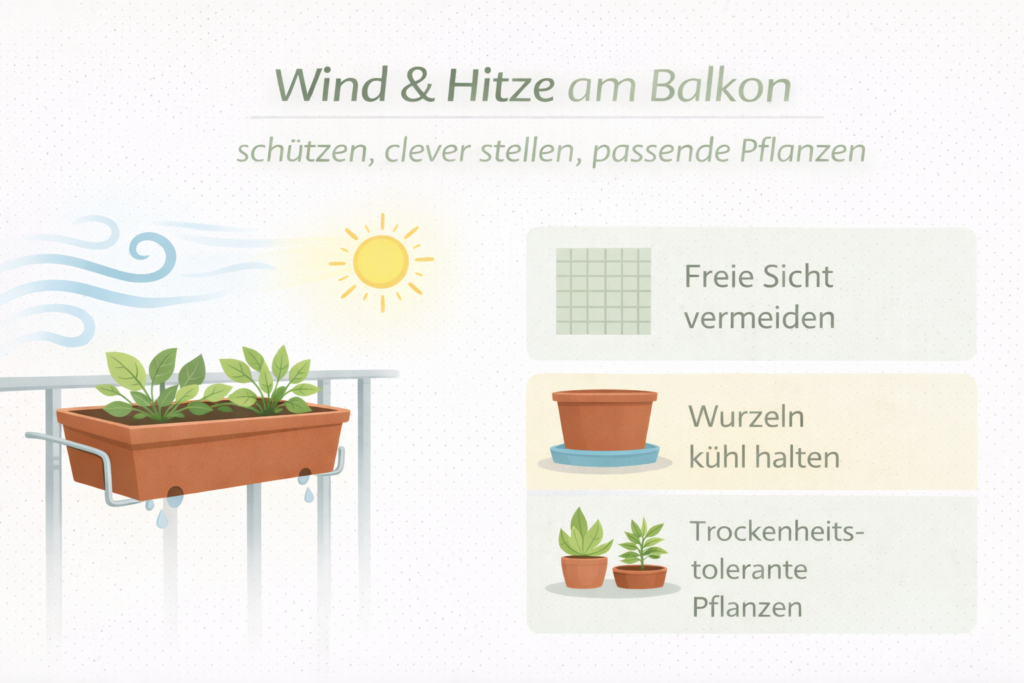 Balkonpflanzen vor Wind und Hitze schützen – Wind brechen, Wurzeln kühler halten, robuste Pflanzen wählen.