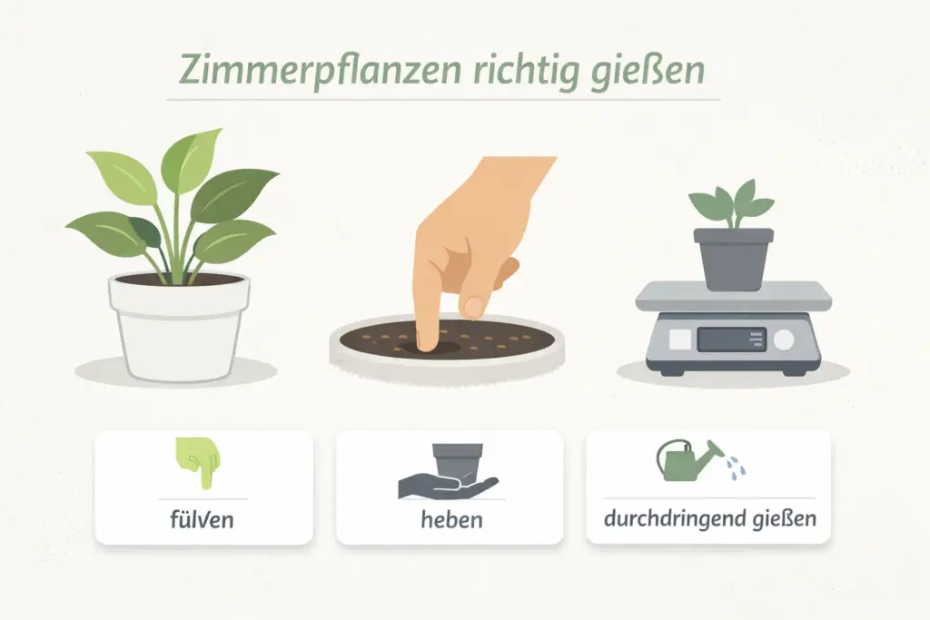 Fingerprobe und Topfgewicht als Methode, um Zimmerpflanzen richtig zu gießen.