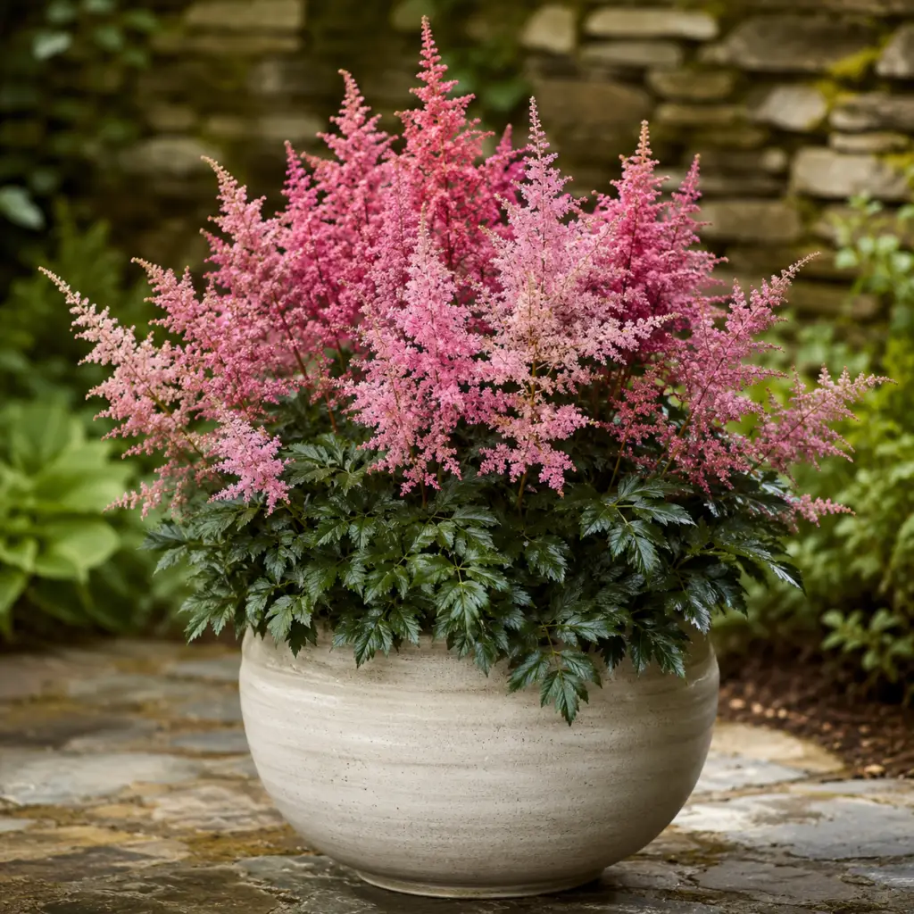 Astilbe mit rosa Blütenrispen in großem Keramiktopf auf schattiger Gartenterrasse