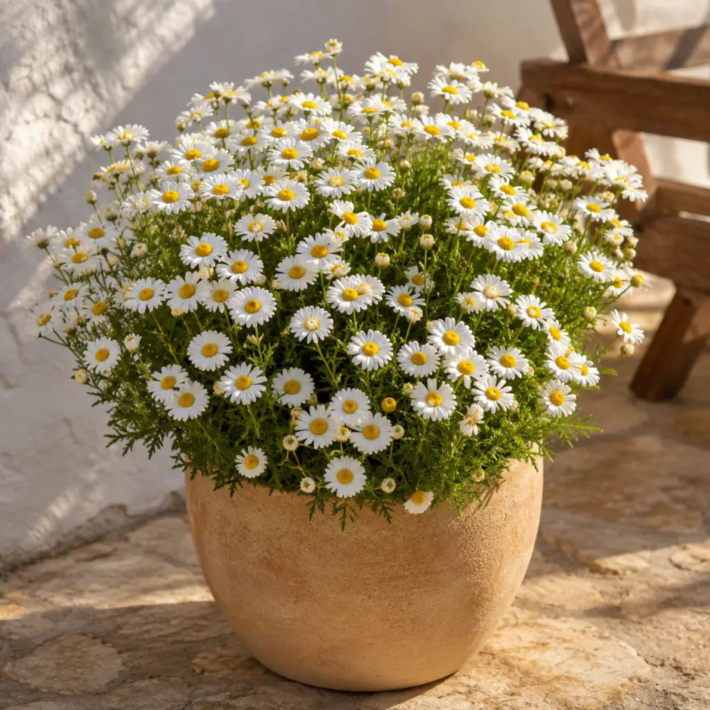 Buschmargerite mit weißen Blüten in cremefarbenem Keramiktopf auf sonniger Terrasse