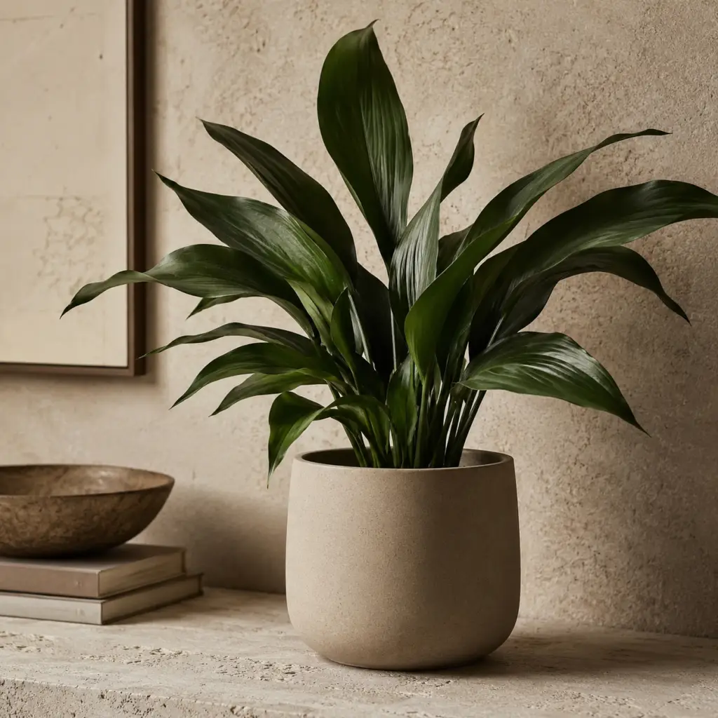 Schusterpalme in grauem Keramiktopf auf Holzregal im Wohnzimmer