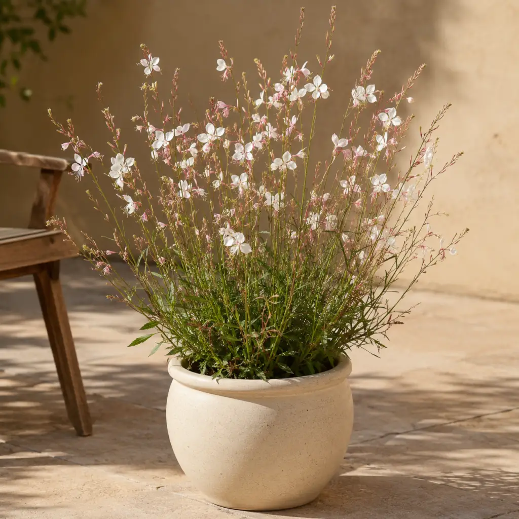 Prachtkerze mit weißrosa Blüten in cremefarbenem Keramiktopf auf Terrasse