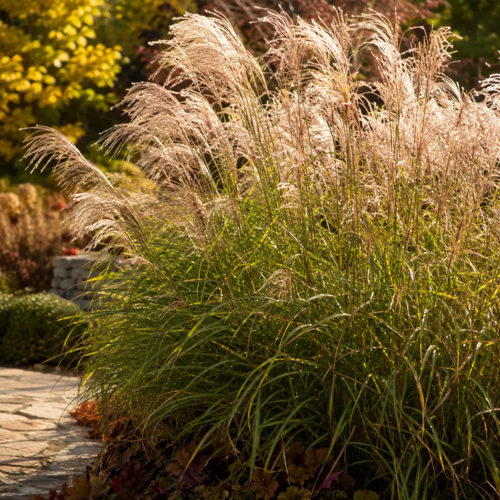Chinaschilf mit silbrigen Blütenrispen und goldgelbem Herbstlaub im sonnigen Gartenbeet