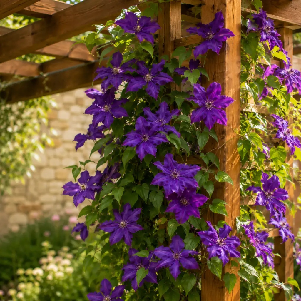Clematis mit großen violetten Blüten an Holzpergola in sonnigem Garten