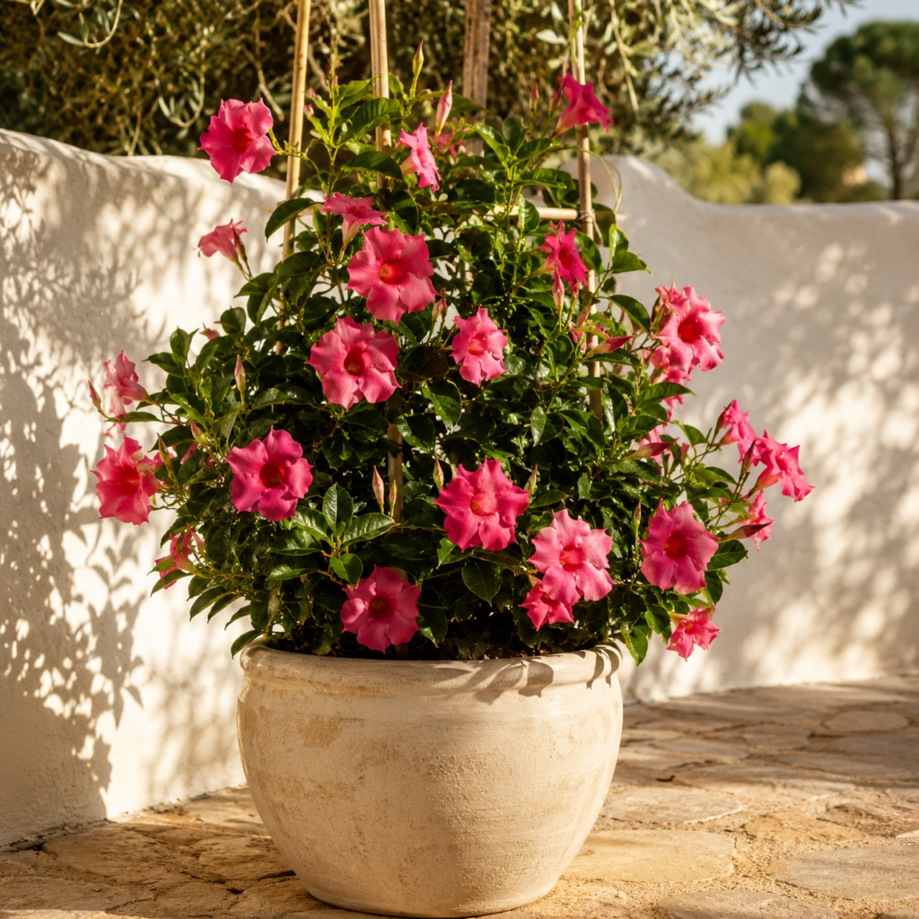 Dipladenia mit rosa Trichterblüten an Rankgerüst in großem Keramiktopf auf sonniger Terrasse