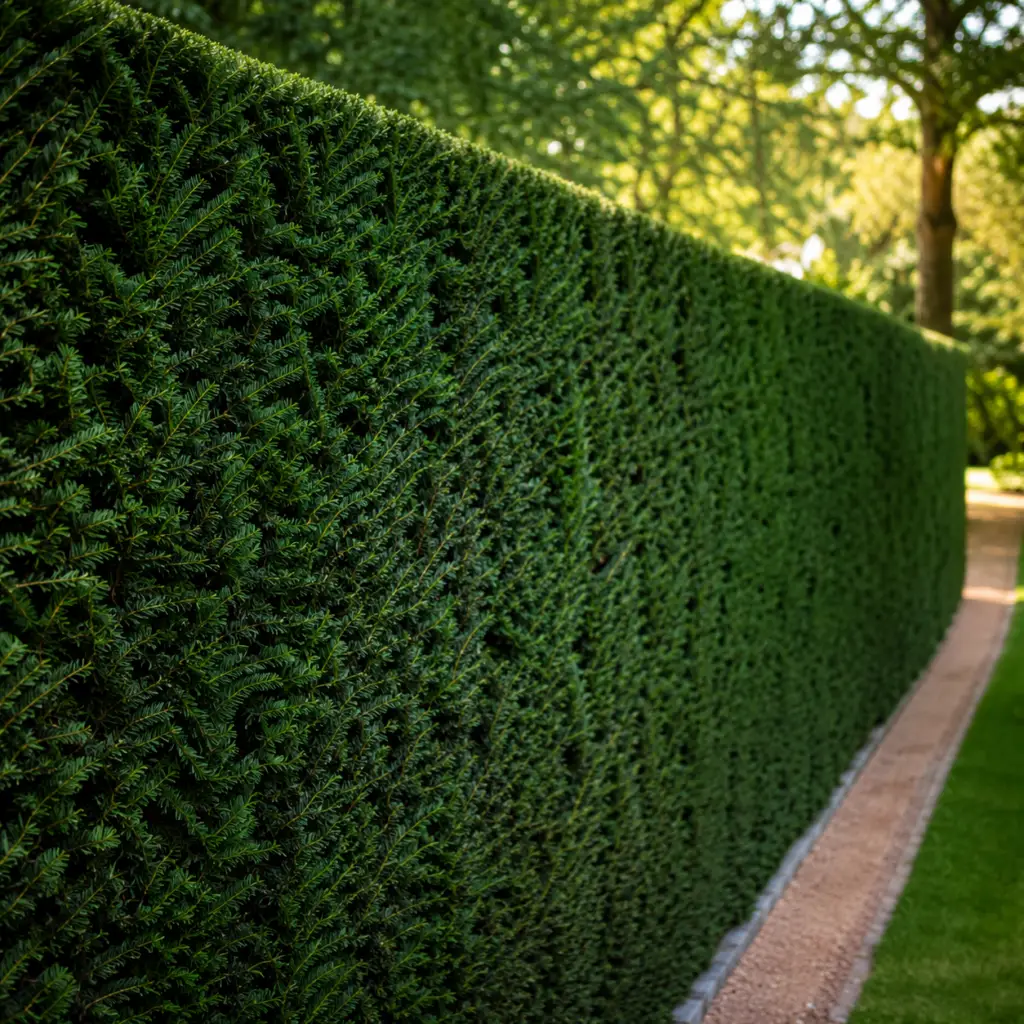 Eibe als dunkelgrüne gepflegte Hecke in einem naturnahen Garten