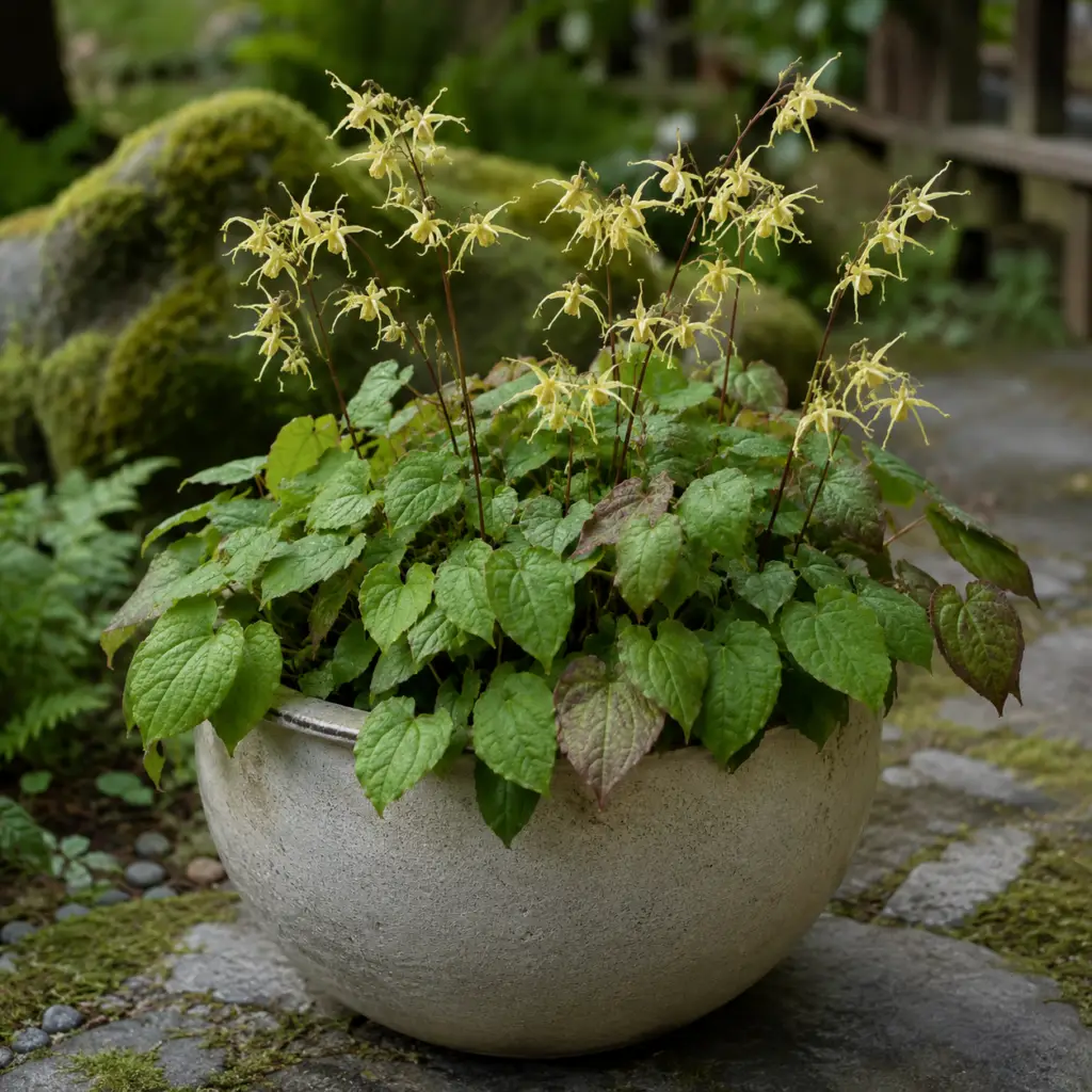 Elfenblume mit zarten gelben Blüten und herzförmigen Blättern als Bodendecker im Schattengarten