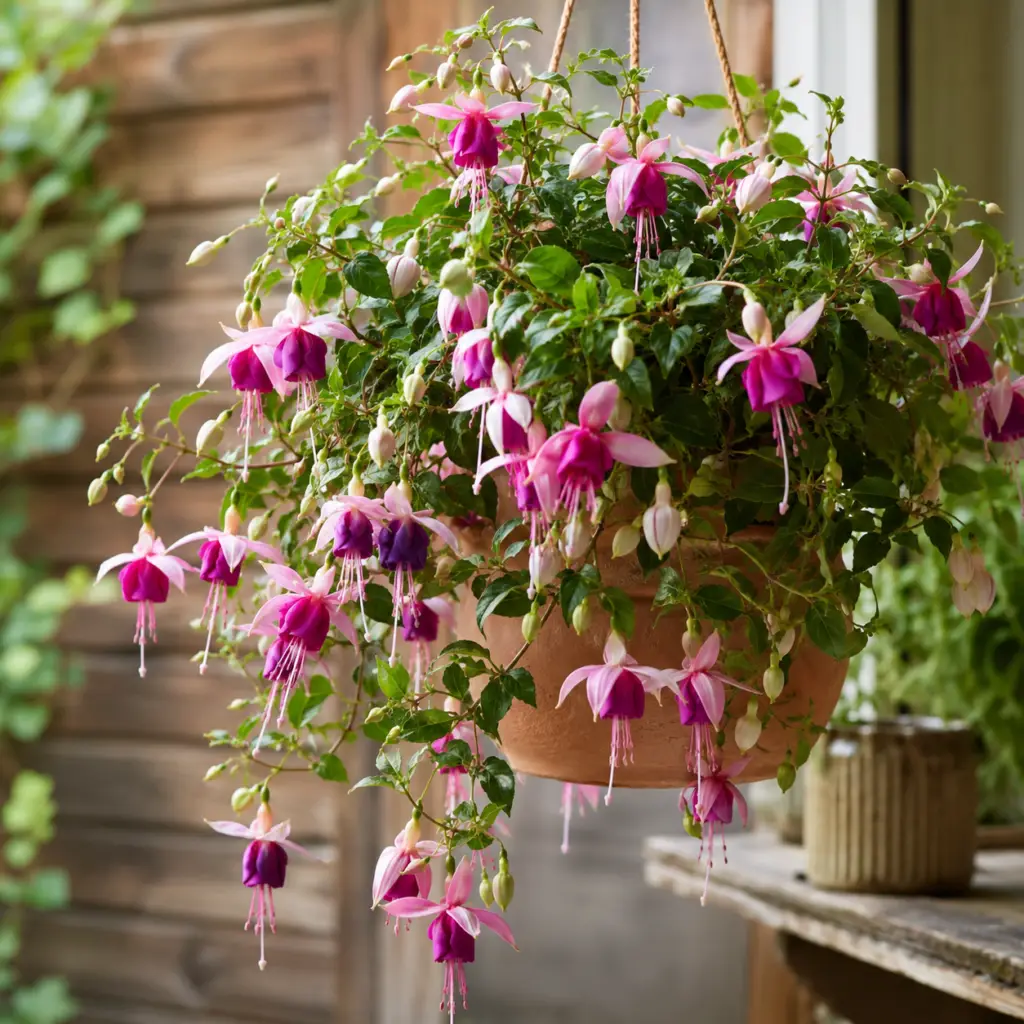 Hängefuchsie mit rosa-violetten Blüten in Blumenampel auf schattiger Terrasse