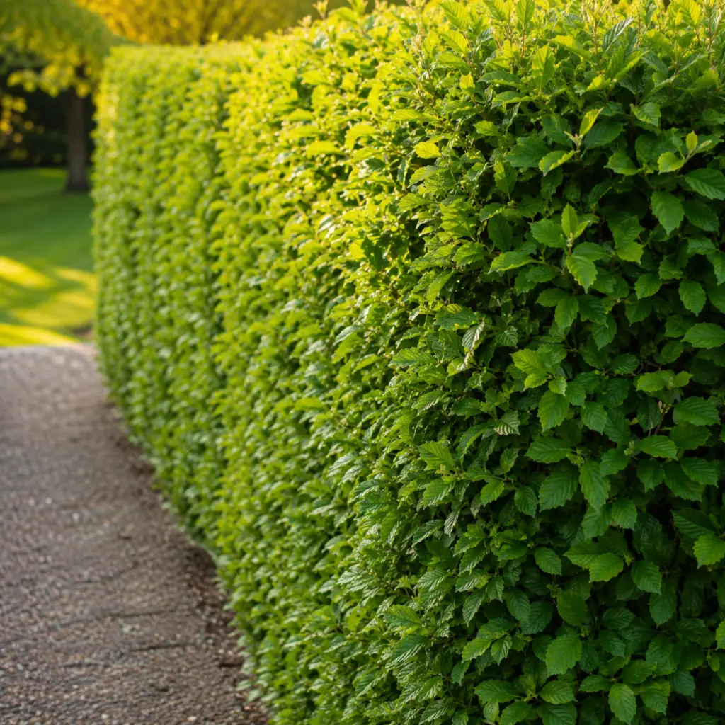 Hainbuche als gepflegte grüne Hecke mit goldgelbem Herbstlaub in einem naturnahen Garten