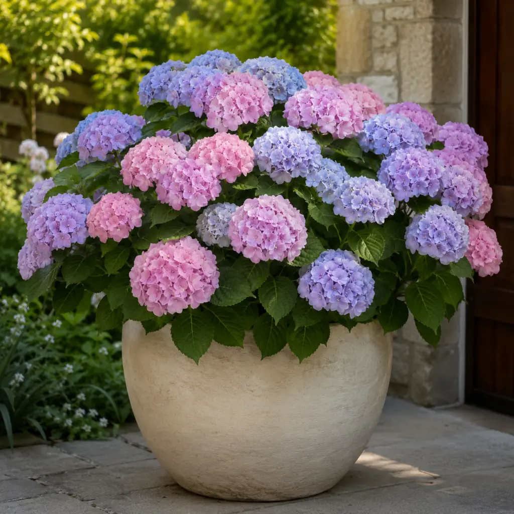 Hortensie mit großen rosa Blütenbällen in cremefarbenem Keramiktopf auf schattiger Terrasse