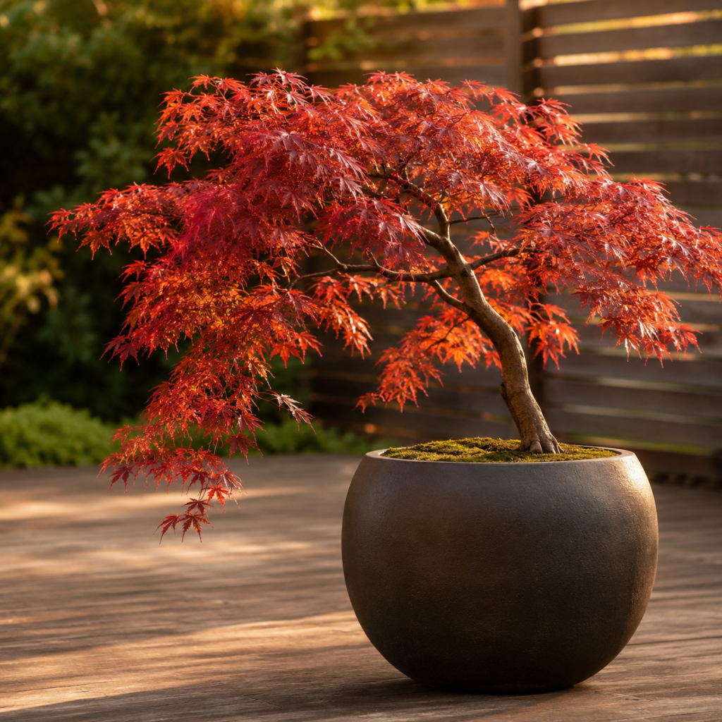 Japanischer Ahorn mit rotem Fächerlaub in großem dunklen Keramiktopf auf Gartenterrasse im Herbst