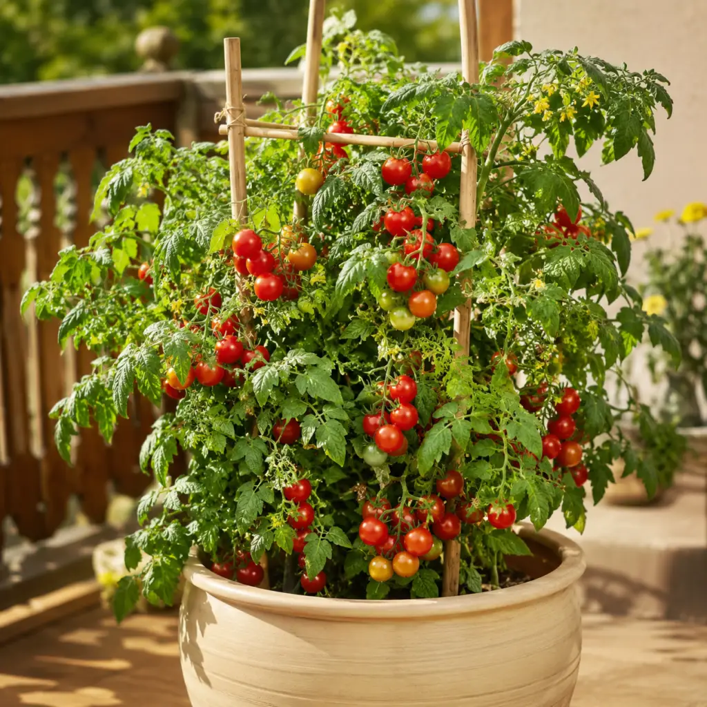 Kirschtomate mit roten und gelben Früchten an Rankhilfe in großem Keramiktopf auf sonnigem Balkon