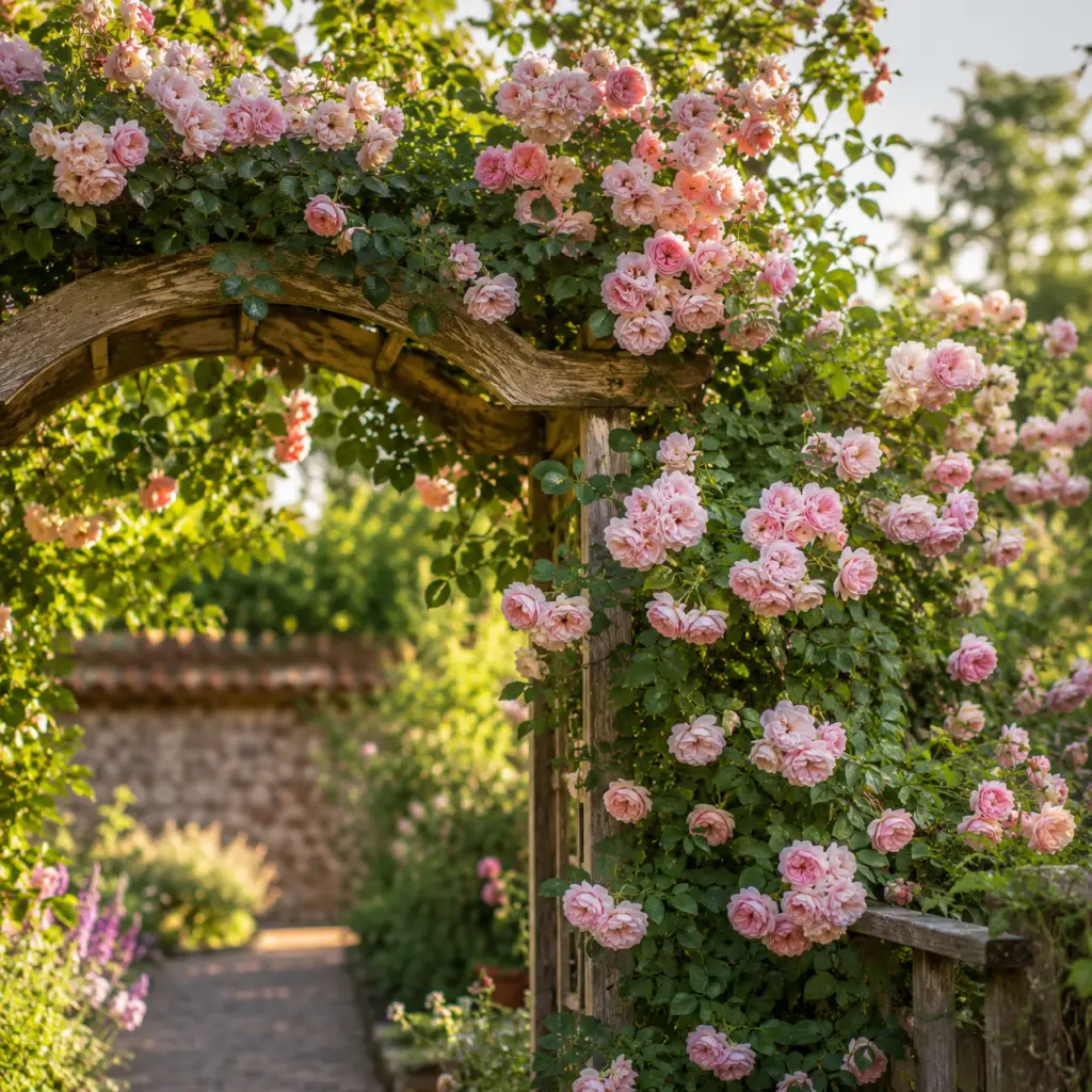 Kletterrose mit rosa Blüten an rustikalem Holzrosenbogen in sonnigem Landhausgarten