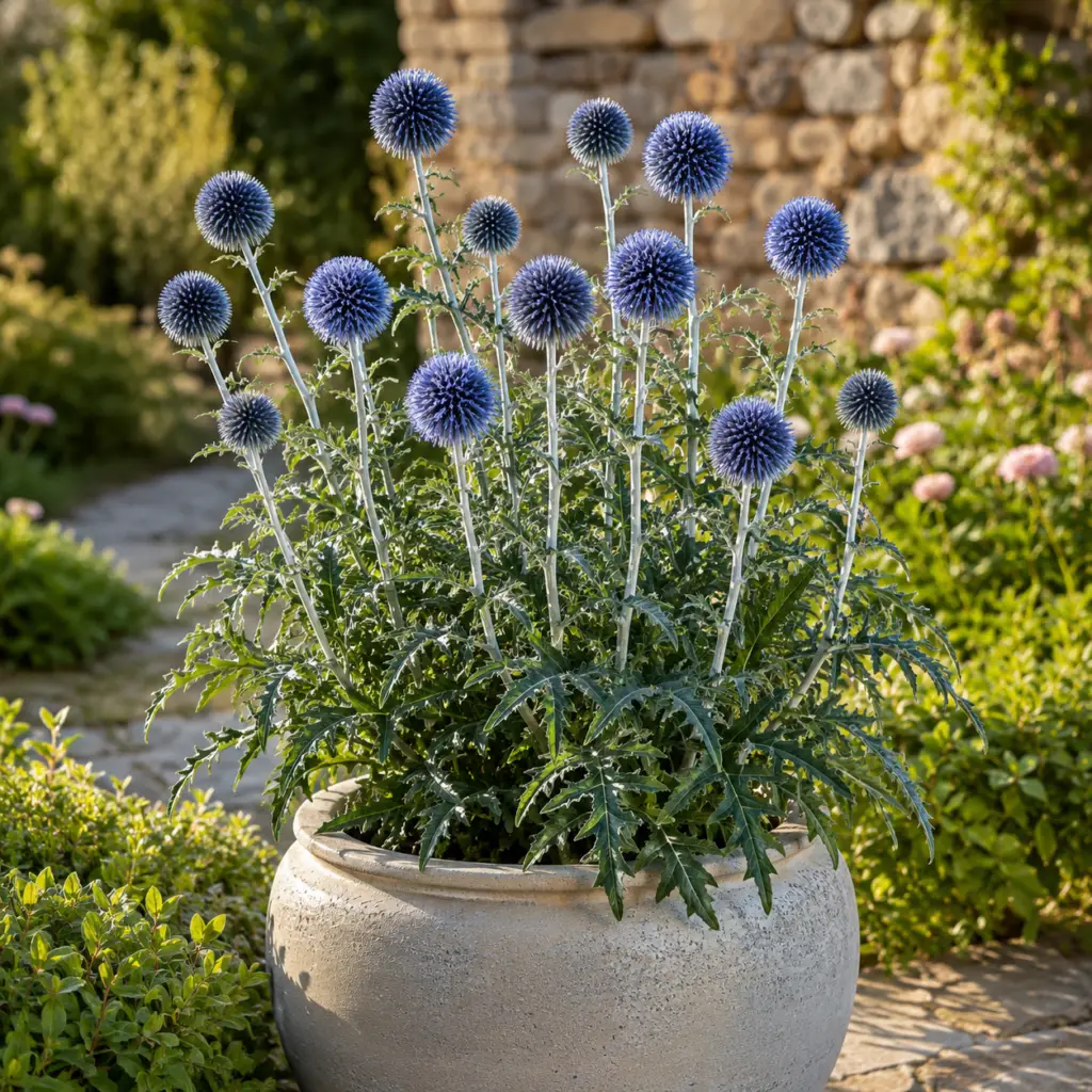 Kugeldistel mit stahlblauen Kugelblüten auf silbrigen Stielen im sonnigen Gartenbeet
