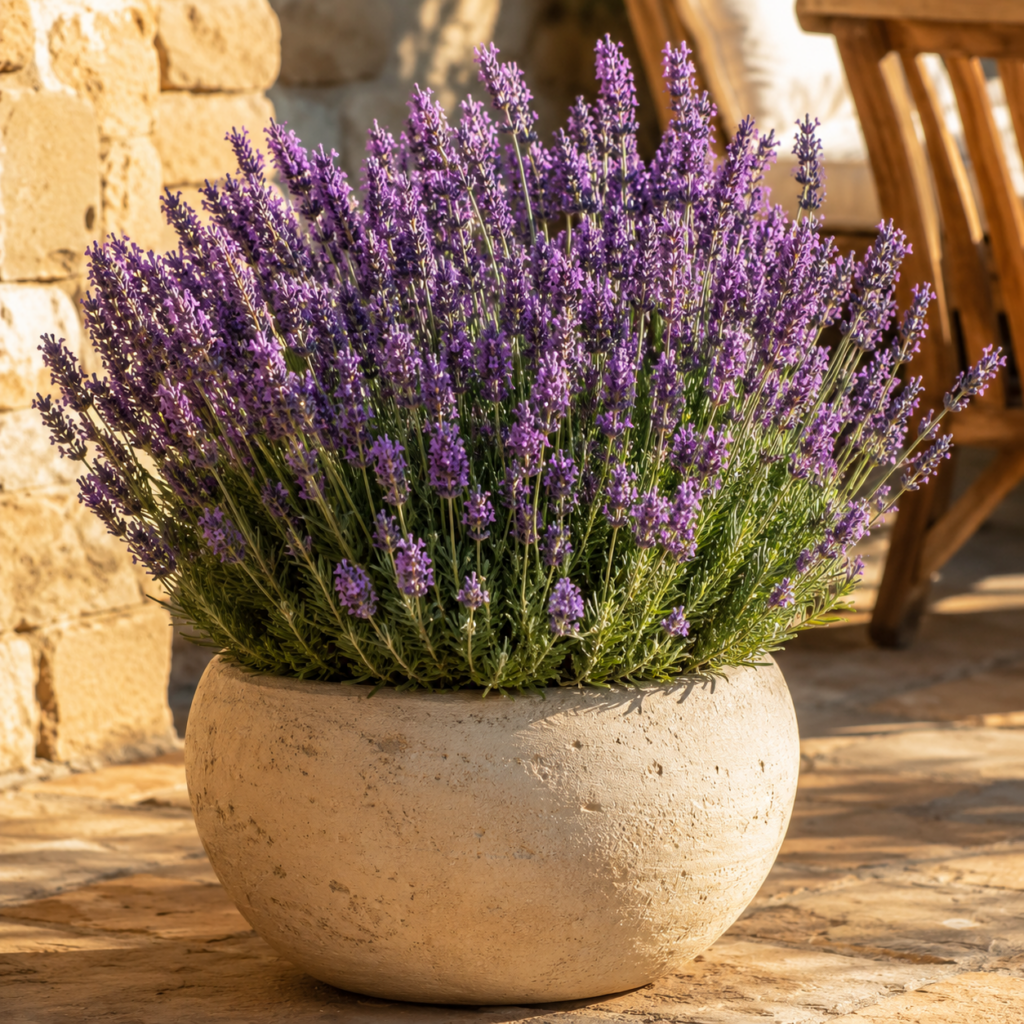 Lavendel mit violetten Blütenähren in cremefarbenem Keramiktopf auf sonniger Steinterrasse