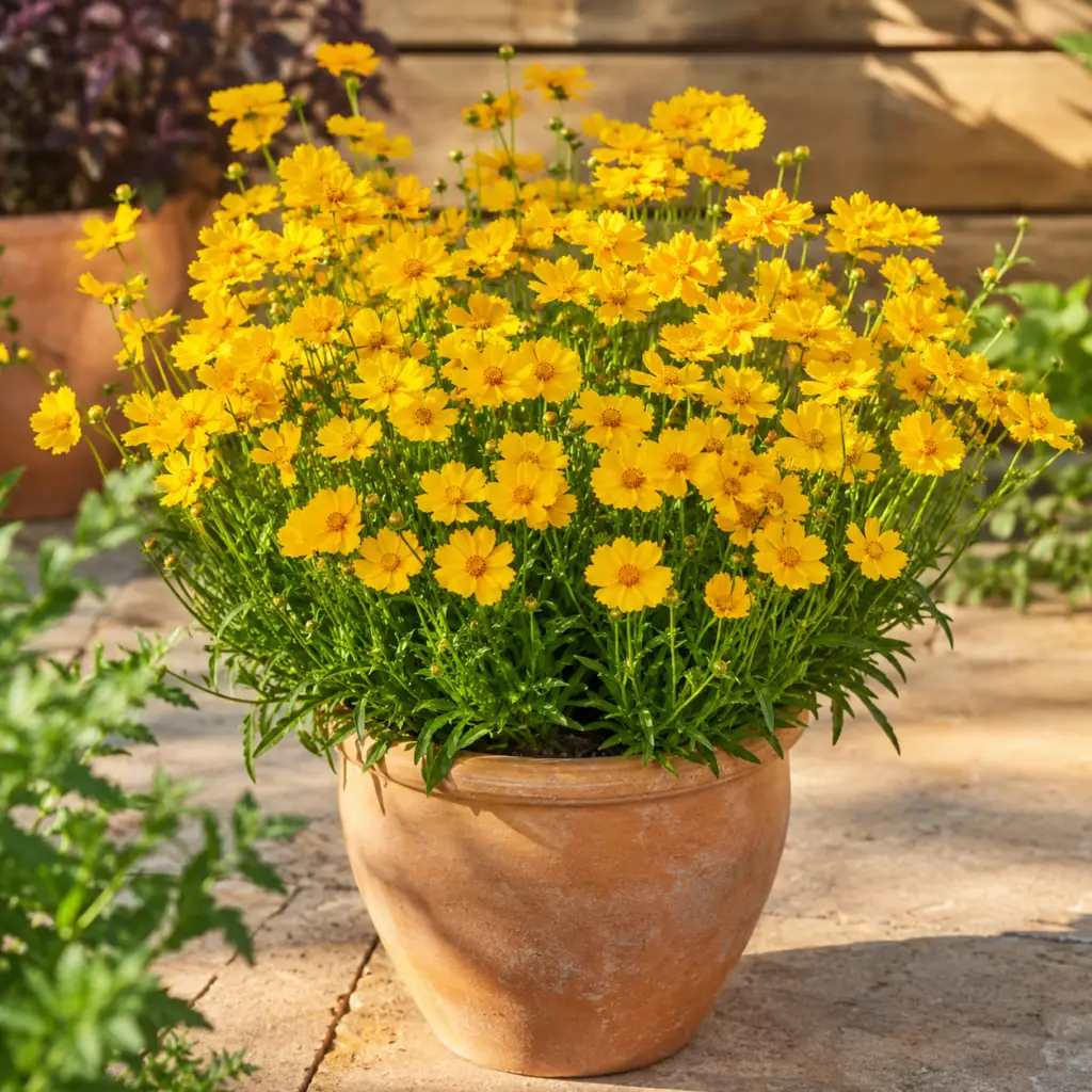 Mädchenaugen mit leuchtend gelben Blüten in Terrakottatopf auf sonniger Gartenterrasse
