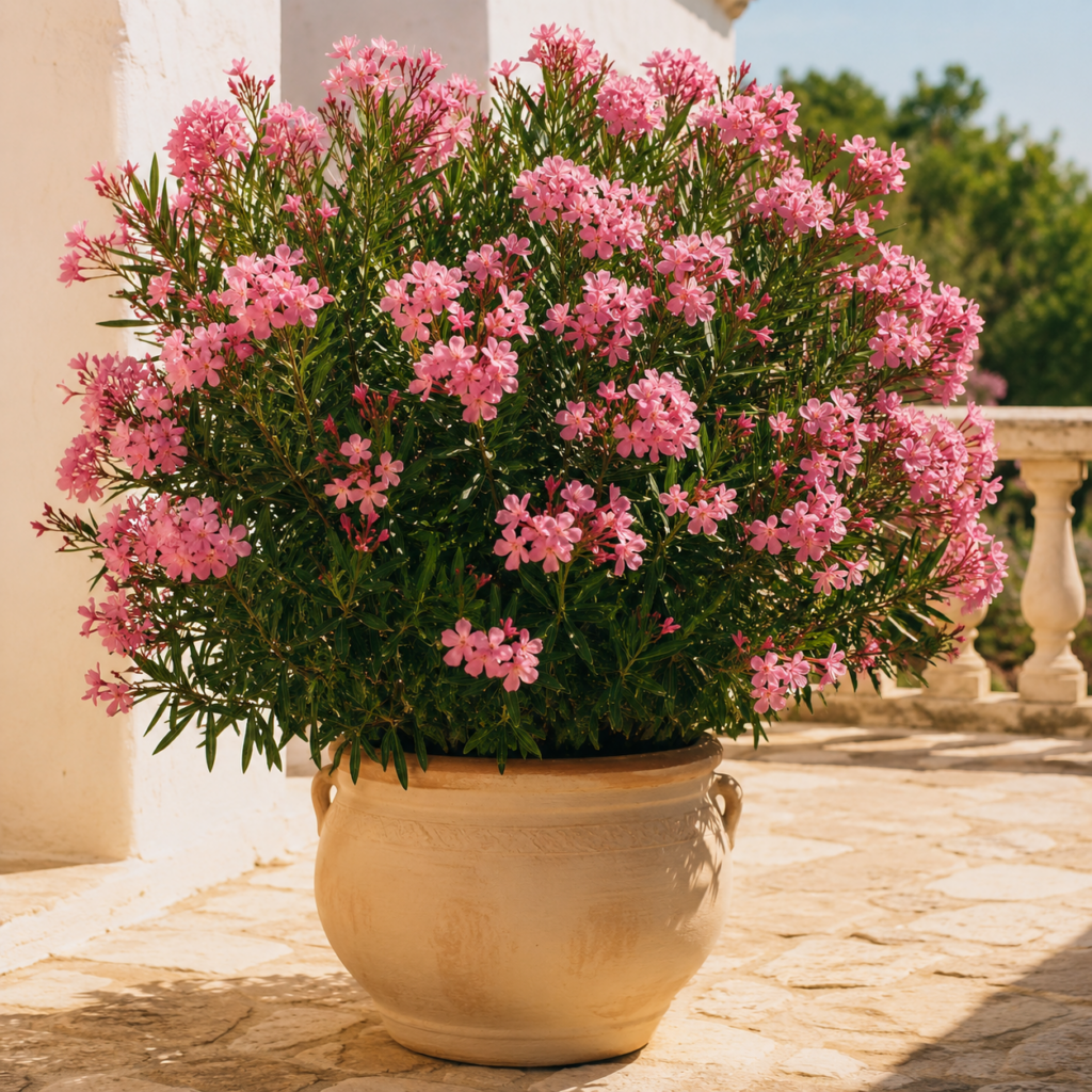 Oleander mit rosa Blüten in großem cremefarbenem Keramiktopf auf sonniger Terrasse