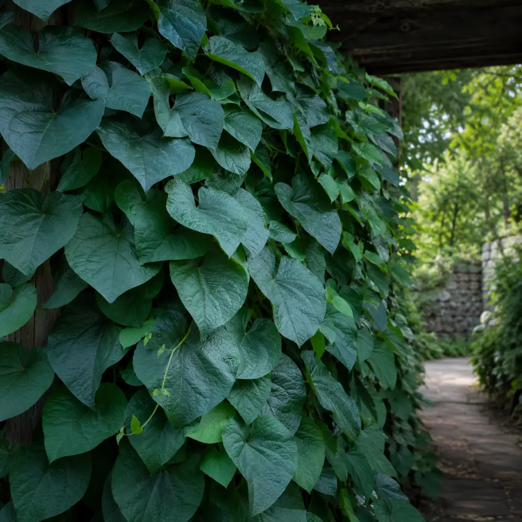 Pfeifenwinde mit großen herzförmigen Blättern als dichter Sichtschutz an Holzpergola im Garten