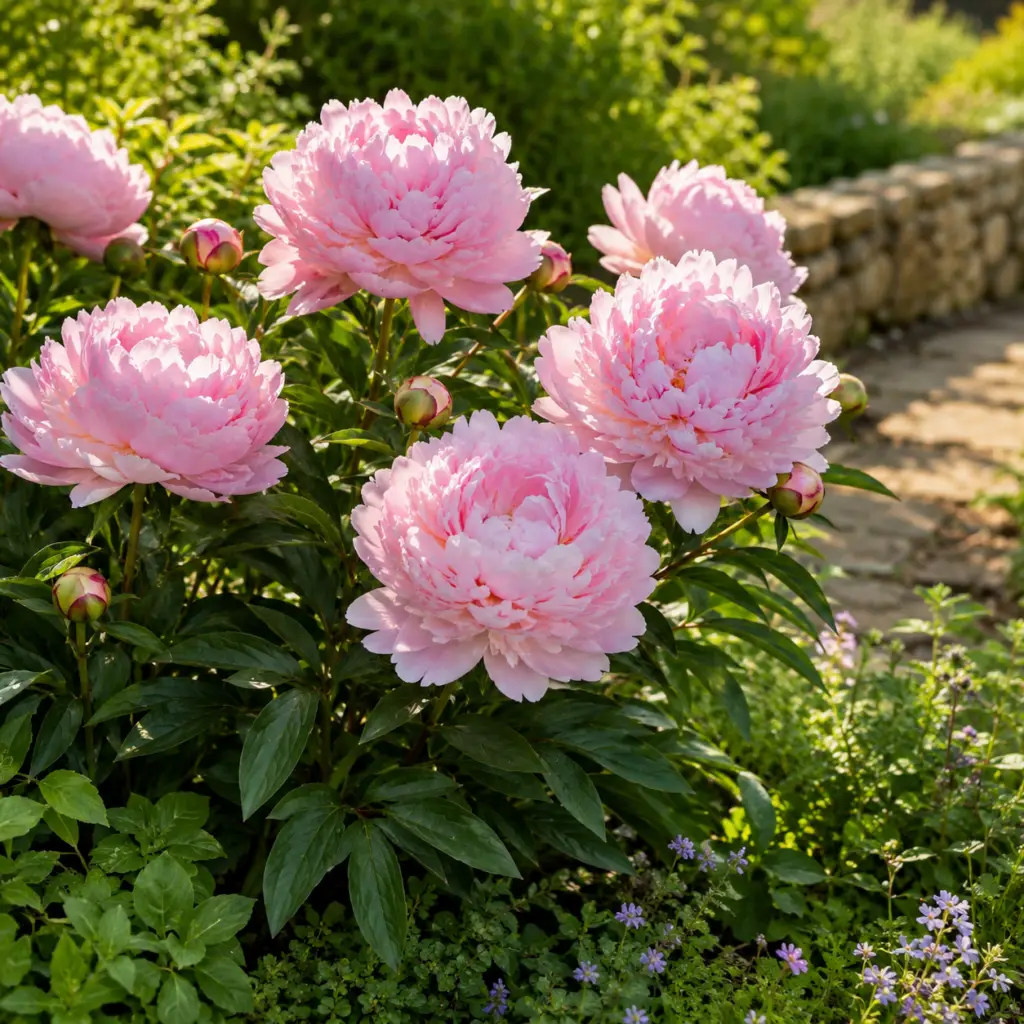 Pfingstrose mit großen rosa Blüten im sonnigen Gartenbeet mit warmen Erdtönen im Hintergrund