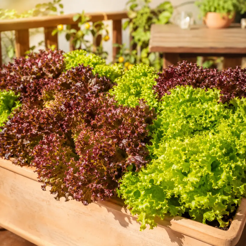 Pflücksalat mit bunten grünen und roten Salatblättern in Balkonkasten auf sonniger Terrasse