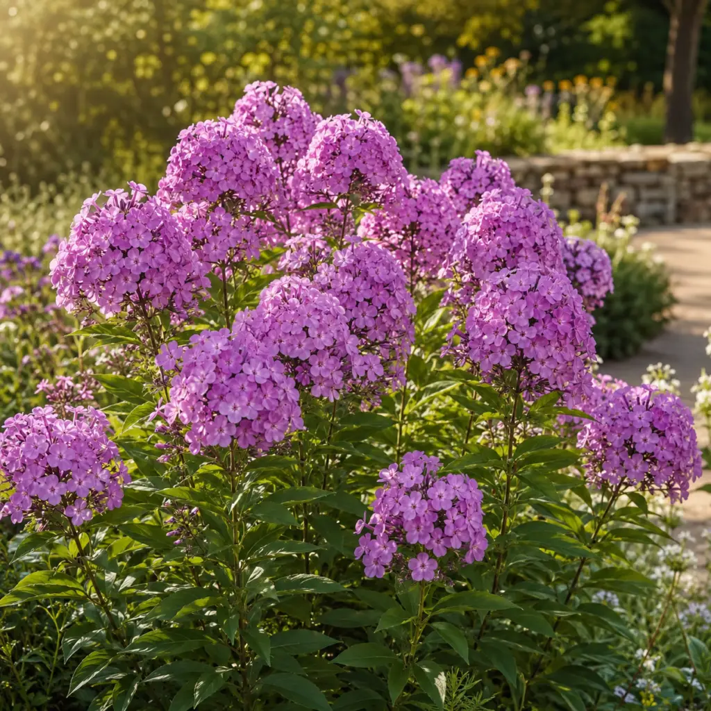 Phlox mit rosa Blütenrispen im sonnigen Staudenbeet mit natürlichem Gartenhintergrund