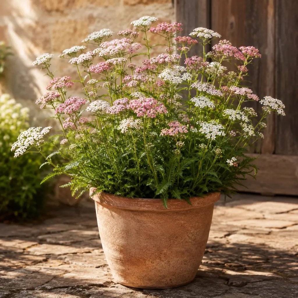 Schafgarbe mit weißen Doldenblüten in Terrakottatopf auf sonniger Gartenterrasse