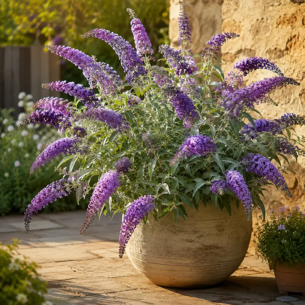 Sommerflieder mit lila Blütenrispen in großem Steintopf auf sonniger Gartenterrasse