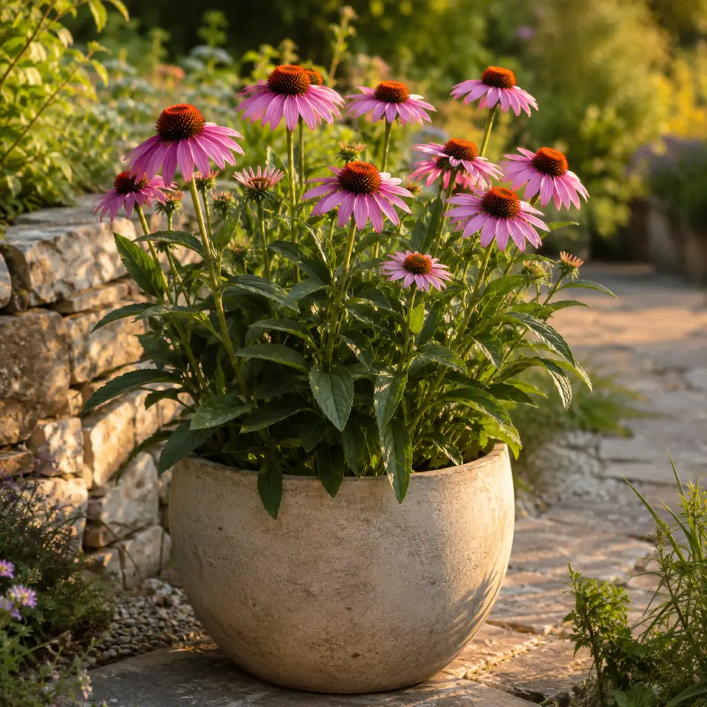 Sonnenhut mit purpurrosa Blüten und kupferbraunem Kegelkern im Gartenbeet