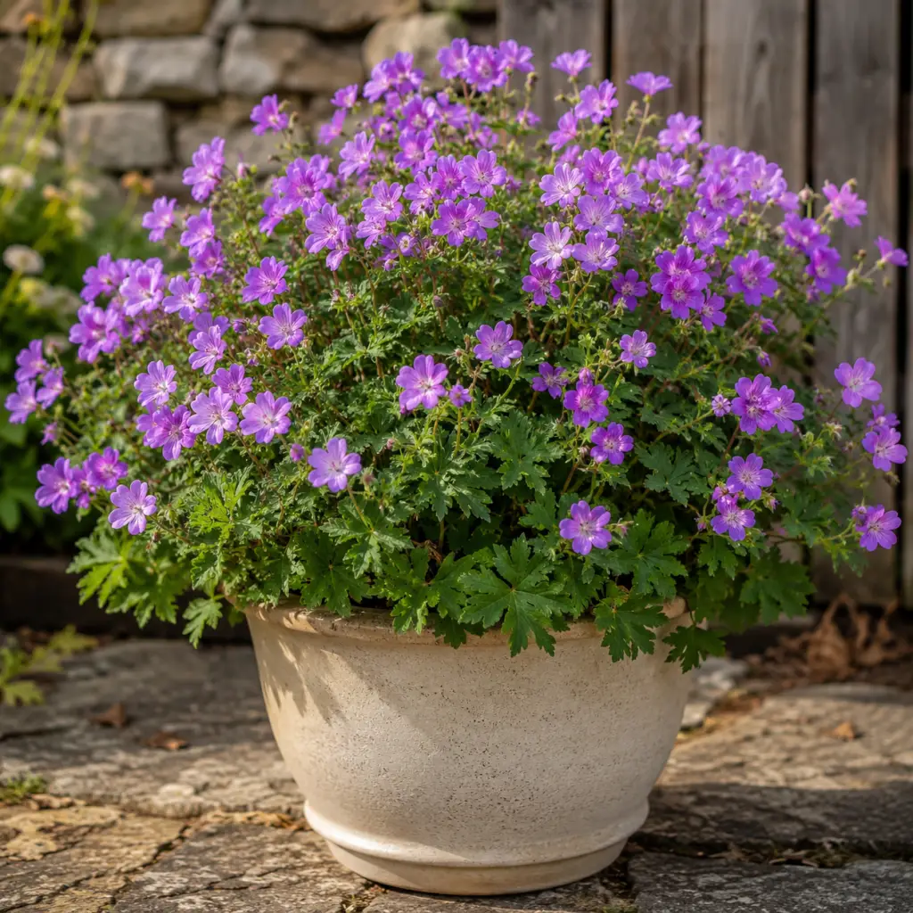 Storchschnabel mit violetten Blüten in cremefarbenem Keramiktopf auf Gartenterrasse