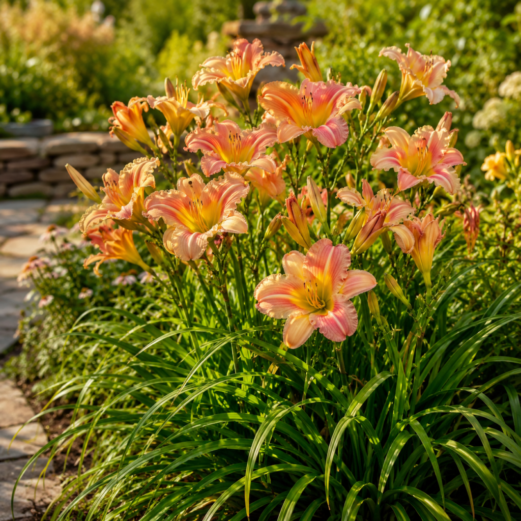 Taglilie mit orangefarbenen Trichterblüten im sonnigen Staudenbeet mit naturnahem Gartenhintergrund