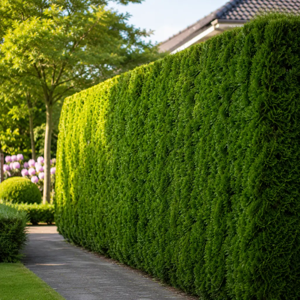 Thuja Smaragd als gepflegte blickdichte Hecke in einem sonnigen Garten