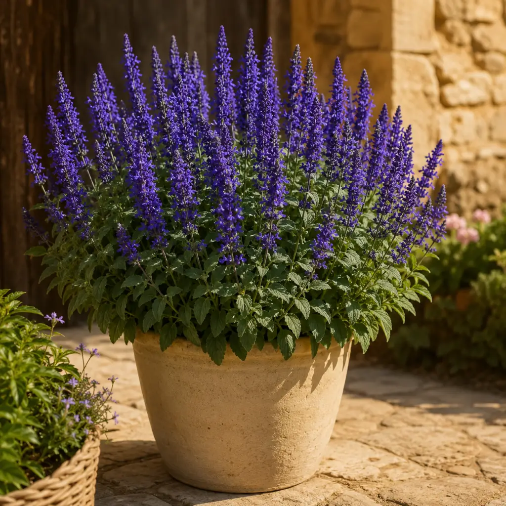 Ziersalbei mit violetten Blütenkerzen in cremefarbenem Keramiktopf auf sonniger Gartenterrasse