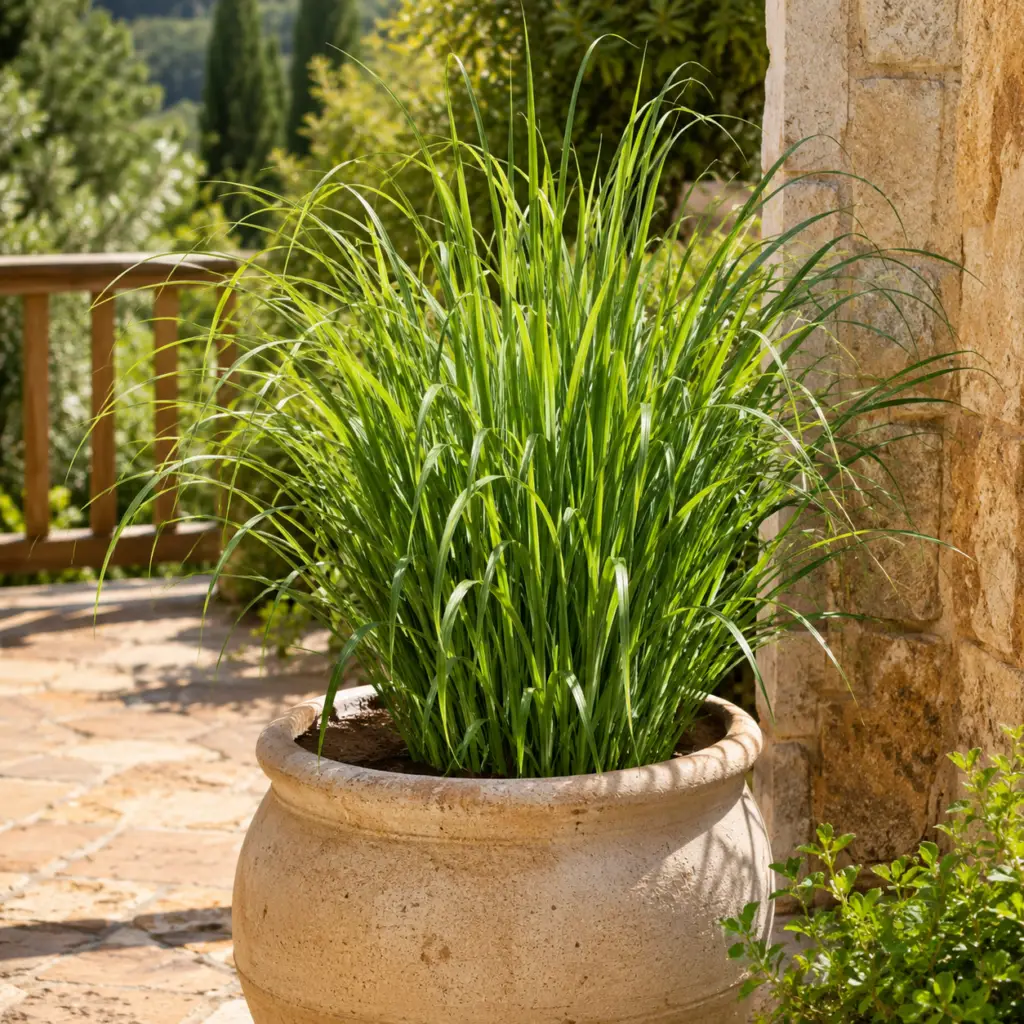 Zitronengras mit langen aromatischen Halmen in großem Keramiktopf auf sonniger Terrasse