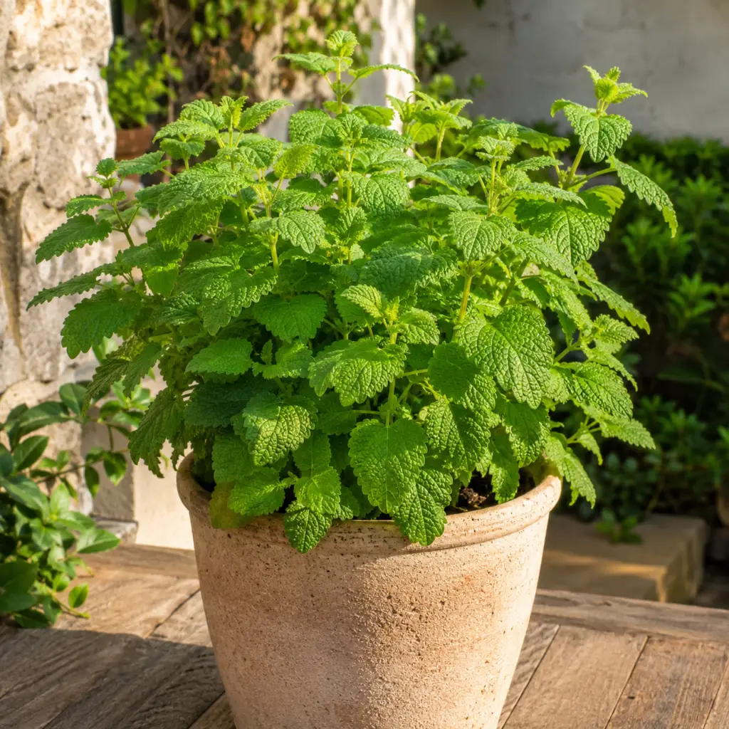 Zitronenmelisse mit frischen grünen Blättern in Terrakottatopf auf sonniger Terrasse