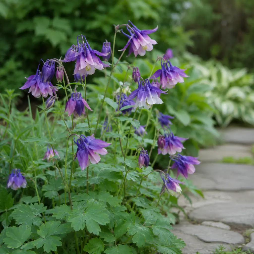 Akelei mit blauen und violetten Blüten im halbschattigen Staudenbeet mit naturnahem Gartenhintergrund