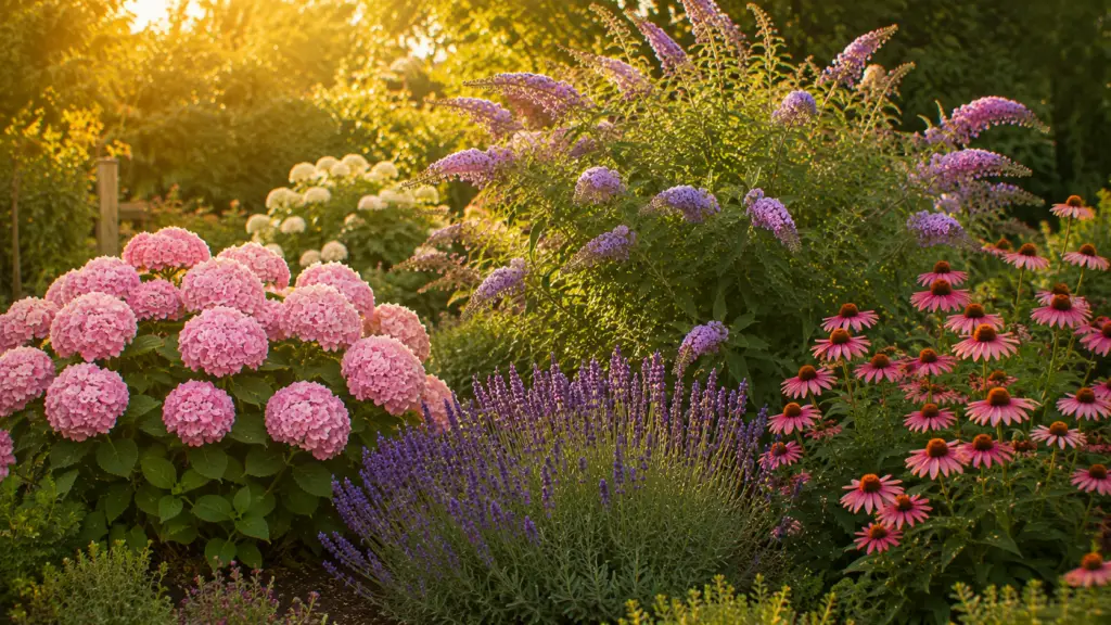Gartenpflanzen für Anfänger – Hortensie, Lavendel, Sommerflieder und Sonnenhut im blühenden Gartenbeet