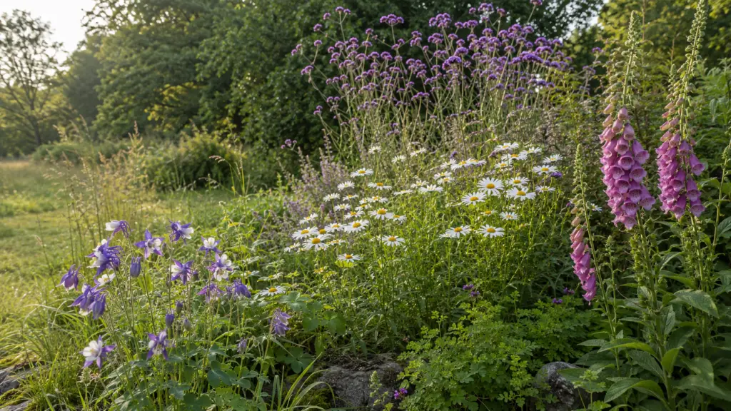 Akelei, Wiesen-Margerite, Verbena und Fingerhut in einem naturnahen Wildgarten