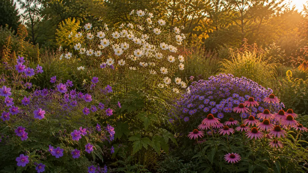 Pflanzen die im Herbst blühen – Storchschnabel, Herbst-Anemone, Herbst-Aster und Sonnenhut im Staudenbeet