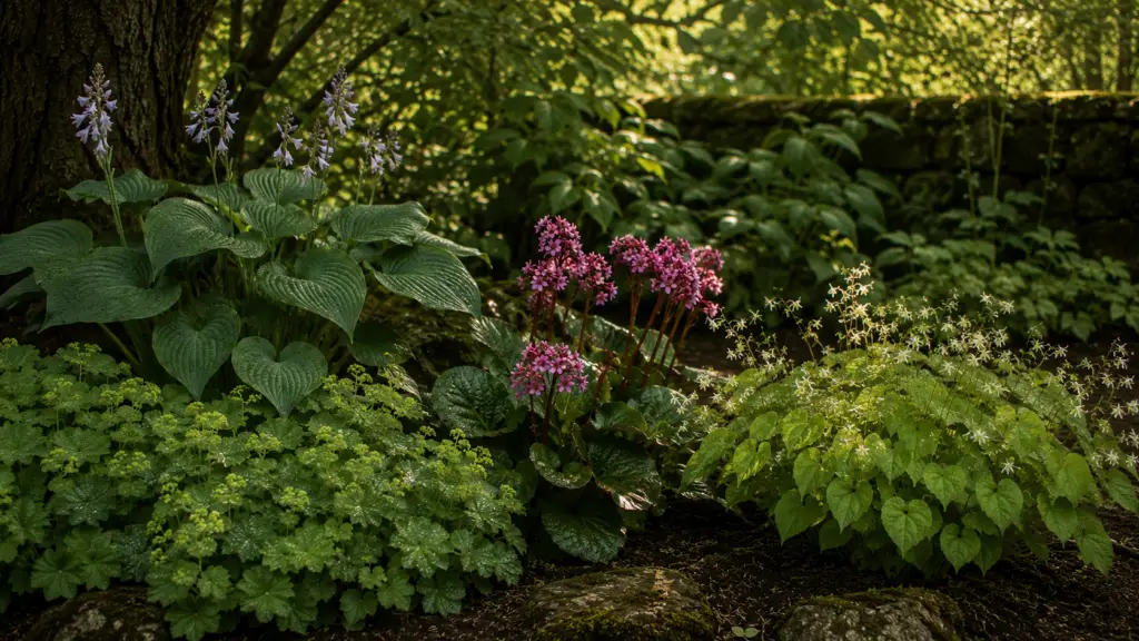 Pflanzen für schattige Gartenecken – Funkie, Bergenie, Elfenblume und Frauenmantel in natürlicher Staudenpflanzung