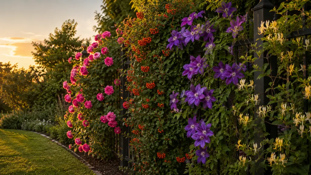 Kletterrose, Feuerdorn, Clematis und Geißblatt als blühende Kletterpflanzen an einem Gartenzaun