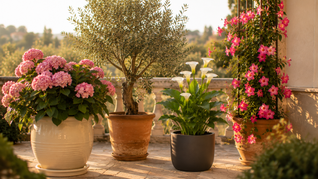 Edle Kübelpflanzen auf Terrasse – Hortensie, Olivenbaum, Calla und Dipladenie in stilvollen Töpfen