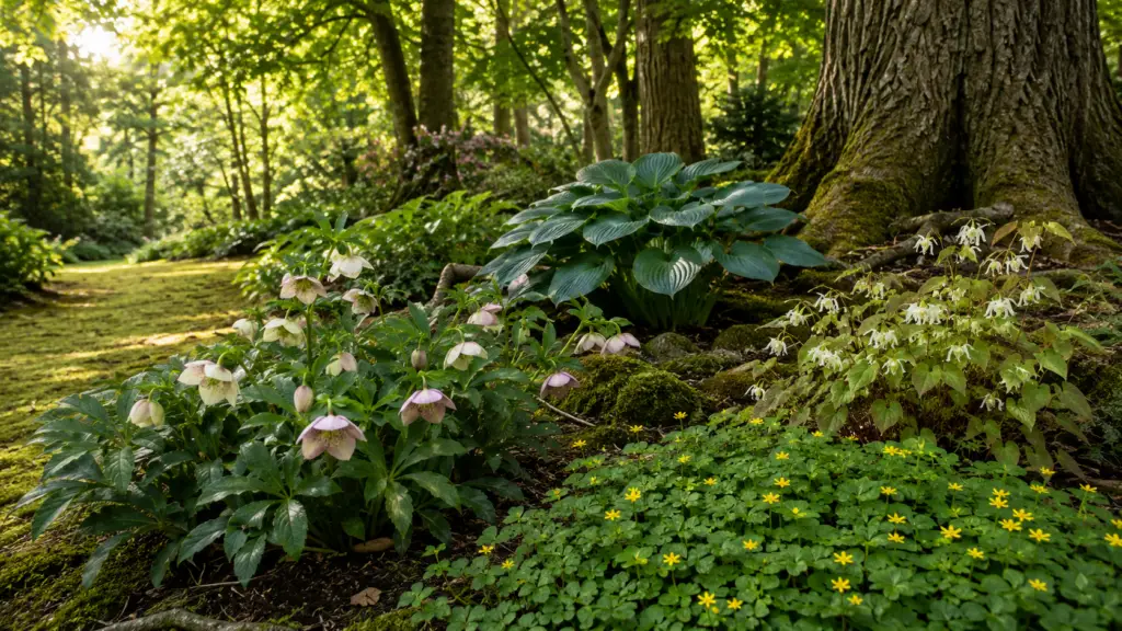 Lenzrose, Funkie, Waldsteinie und Elfenblume als schattenverträgliche Stauden unter Laubbäumen